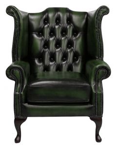 Chesterfield High Back Wing Chair Antique Green Leather Bespoke In Queen Anne Style