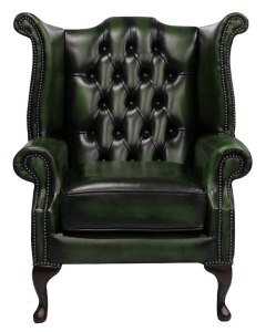 Chesterfield High Back Wing Chair Antique Green Leather In Queen Anne Style
