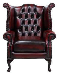 Chesterfield High Back Wing Chair Antique Oxblood Red Leather In Queen Anne Style