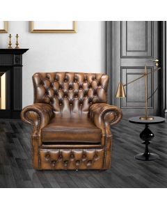 Chesterfield High Back Wing Chair Antique Tan Leather Armchair In Monks Style