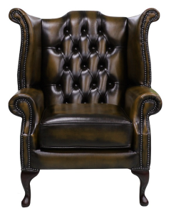Chesterfield High Back Wing Chair Antique Tan Leather In Queen Anne Style