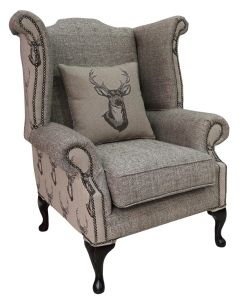 Chesterfield High Back Wing Chair Antler Stag Chocolate Brown Fabric In Queen Anne Style 