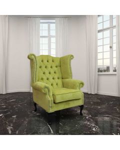 Chesterfield High Back Wing Chair Azzuro Harvest Green Fabric In Queen Anne Style