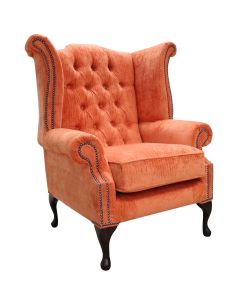 Chesterfield High Back Wing Chair Azzuro Tangerine Orange Fabric In Queen Anne Style