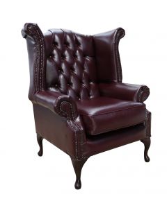 Chesterfield High Back Wing Chair Bonded Burgandy Leather Bespoke In Queen Anne Style  