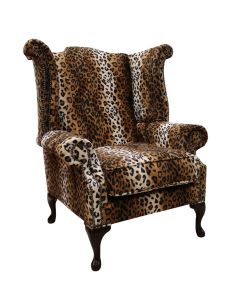 Chesterfield High Back Wing Chair Cheetah Animal Print Fabric In Queen Anne Style 