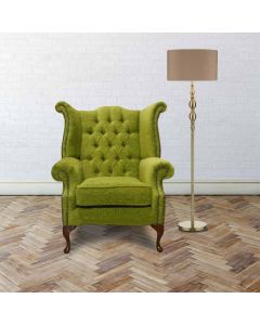 Chesterfield High Back Wing Chair Citrus Green Fabric In Queen Anne Style