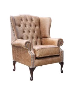 Chesterfield High Back Wing Chair Cracked Wax Tan Real Leather In Mallory Style
