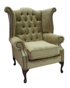 Chesterfield High Back Wing Chair Fontana Jacquard Gold Fabric In Queen Anne Style