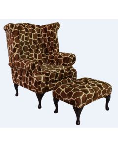 Chesterfield High Back Wing Chair + Footstool Animal Print Big Giraffe Fabric In Queen Anne Style