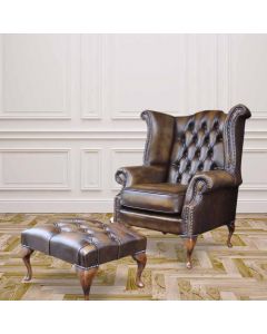 Chesterfield High Back Wing Chair + Footstool Antique Gold Leather In Queen Anne Style  