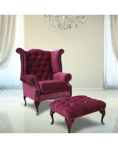 Chesterfield High Back Wing Chair + Footstool Pimlico Damson Fabric In Queen Anne Style   