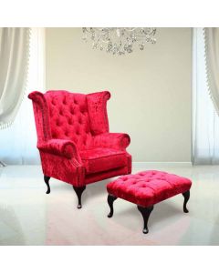 Chesterfield High Back Wing Chair + Footstool Plush Red Velvet In Queen Anne Style