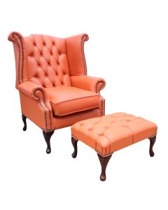 Chesterfield High Back Wing Chair + Footstool Shelly Flamenco Orange Leather In Queen Anne Style  