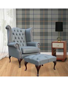 Chesterfield High Back Wing Chair + Footstool Vele Soft Iron Grey Leather In Queen Anne Style