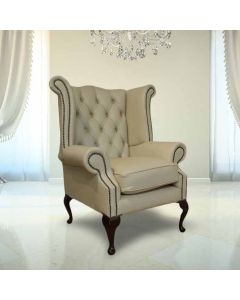 Chesterfield High Back Wing Chair Ivory Leather Bespoke In Queen Anne Style