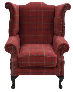 Chesterfield High Back Wing Chair Lana Square Check Terracotta Real Fabric In Queen Anne Style      