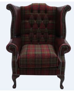 Chesterfield High Back Wing Chair Lana Terracotta Fabric Antique Oxblood Real Leather In Queen Anne Style
