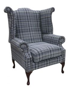 Chesterfield High Back Wing Chair Lomond Blue Fabric In Queen Anne Style