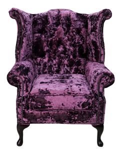 Chesterfield High Back Wing Chair Lustro Amethyst Purple Velvet Fabric In Queen Anne Style 