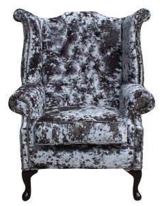 Chesterfield High Back Wing Chair Lustro Flint Velvet Fabric In Queen Anne Style 