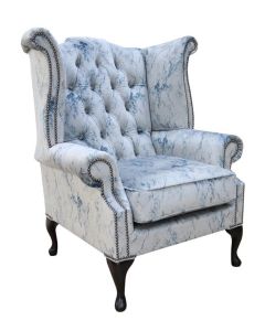 Chesterfield High Back Wing Chair Marble Effect Velvet Fabric In Queen Anne Style