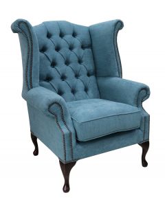 Chesterfield High Back Wing Chair Marinello Kingfisher Blue Fabric In Queen Anne Style