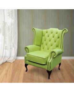 Chesterfield High Back Wing Chair Melon Green Leather In Queen Anne Style