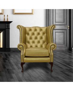 Chesterfield High Back Wing Chair Metallic Gold Leather In Queen Anne Style