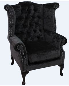 Chesterfield High Back Wing Chair Modena Midnight Black Velvet In Queen Anne Style