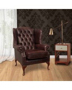 Chesterfield High Back Wing Chair Old English Dark Brown Leather In Mallory Style