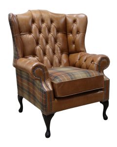 Chesterfield High Back Wing Chair Old English Tan Leather And Vintage Caramel Wool In Mallory Style