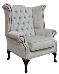 Chesterfield High Back Wing Chair Pastiche Chalk Velvet In Queen Anne Style