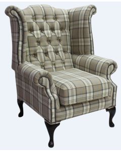 Chesterfield High Back Wing Chair Piazza Square Check Beige Fabric In Queen Anne Style  