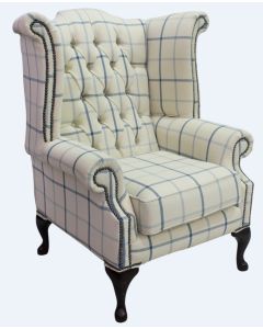 Chesterfield High Back Wing Chair Piazza Square Check Blue Fabric In Queen Anne Style  
