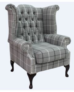 Chesterfield High Back Wing Chair Piazza Square Check Slate Fabric In Queen Anne Style  