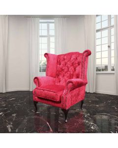 Chesterfield High Back Wing Chair Plush Red Velvet Bespoke In Queen Anne Style 
