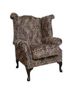 Chesterfield High Back Wing Chair Sand Leopard Animal Print Fabric In Queen Anne Style 
