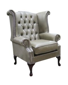 Chesterfield High Back Wing Chair Selvaggio Sage Green Leather In Queen Anne Style 