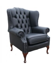 Chesterfield High Back Wing Chair Shelly Black Leather Bespoke In Mallory Style   