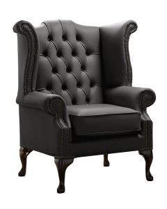 Chesterfield High Back Wing Chair Shelly Black Leather Bespoke In Queen Anne Style