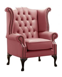 Chesterfield High Back Wing Chair Shelly Brick Red Leather Bespoke In Queen Anne Style