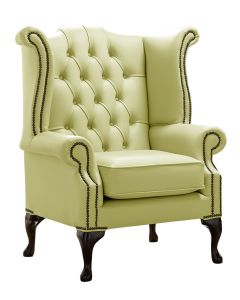 Chesterfield High Back Wing Chair Shelly Chartreuse Leather Bespoke In Queen Anne Style