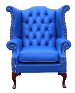 Chesterfield High Back Wing Chair Shelly Deep Ultramarine Blue Leather Bespoke In Queen Anne Style