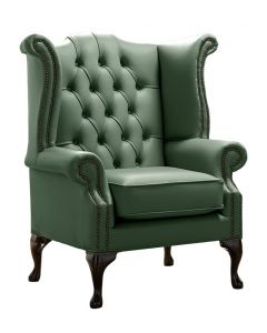 Chesterfield High Back Wing Chair Shelly Forest Green Leather Bespoke In Queen Anne Style