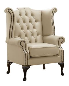 Chesterfield High Back Wing Chair Shelly Ivory Cream Leather Bespoke In Queen Anne Style