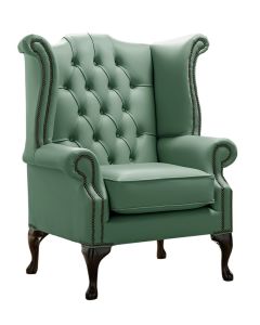 Chesterfield High Back Wing Chair Shelly Jade Green Leather Bespoke In Queen Anne Style