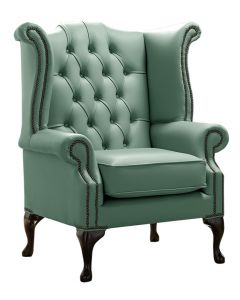 Chesterfield High Back Wing Chair Shelly Lichen Leather Bespoke In Queen Anne Style