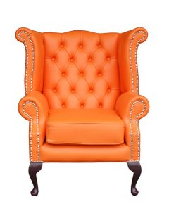 Chesterfield High Back Wing Chair Shelly Mandarin Orange Leather Bespoke In Queen Anne Style