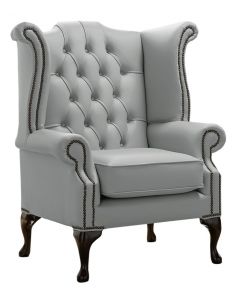 Chesterfield High Back Wing Chair Shelly Moon Mist Leather Bespoke In Queen Anne Style